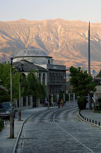 Stone houses and rooftops in Gjirokastër, Albania.
