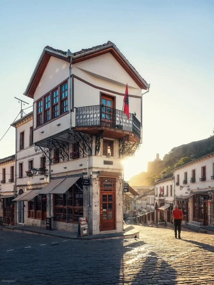 Stone houses and rooftops in Gjirokastër, Albania.