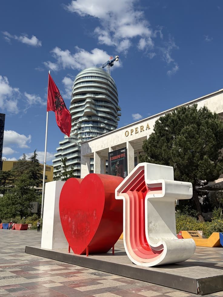 Skanderbeg Square and the centre of Tirana beneath a blue sky