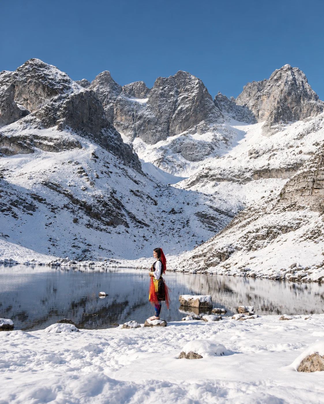 Alpes albanaises enneigées sous la lune montante
