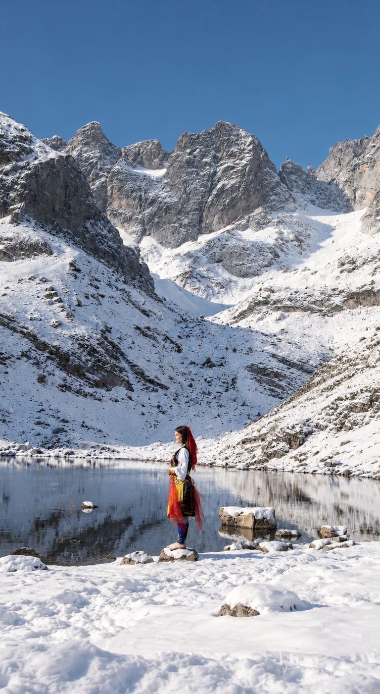 Snow-dusted Albanian Alps beneath the rising moon